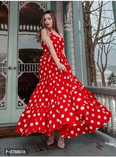 Red Crepe Polka Dot Print Dresses For Women-thumb4