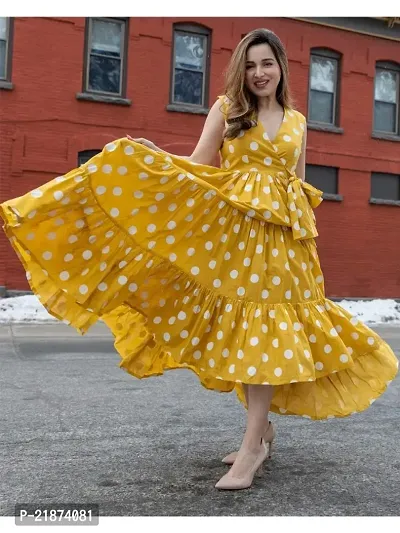 Stylish Yellow Crepe Polka Dots Fit And Flare Dress For Women