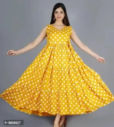 Stylish Yellow Crepe Polka Dots Fit And Flare Dress For Women-thumb0
