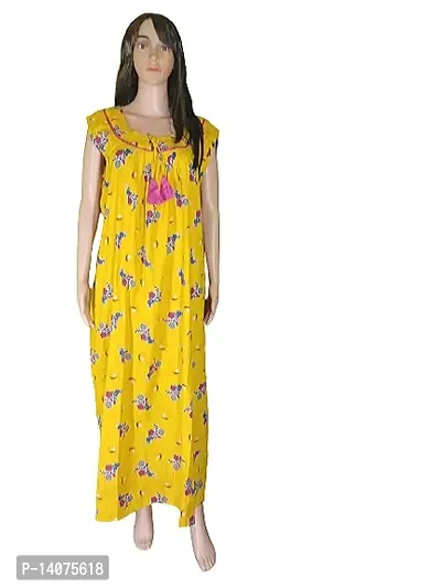 Round Neck Sleeve Less Pure Cotton Redish Yellow Based Multicolored Free Size Printed Nighty-thumb2