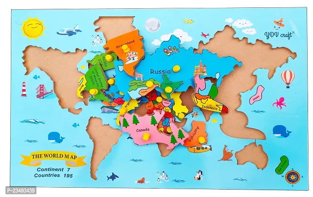 YDV CRAFT WOODEN WORLD  MAP PUZZLE EDUCATIONAL TOY GIFT ITEM FOR KIDS LEARNING STATES OF INDIA MAP Large Size With Plastic Knobs-thumb2