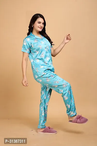 Stylish Blue Satin Printed Lounge Set For Women-thumb3