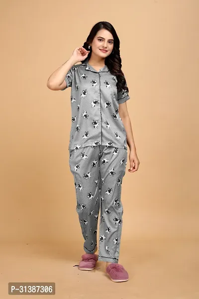 Stylish Grey Satin Printed Lounge Set For Women-thumb3