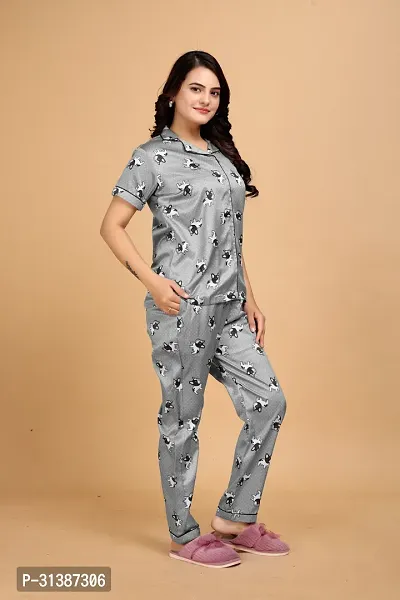 Stylish Grey Satin Printed Lounge Set For Women-thumb2