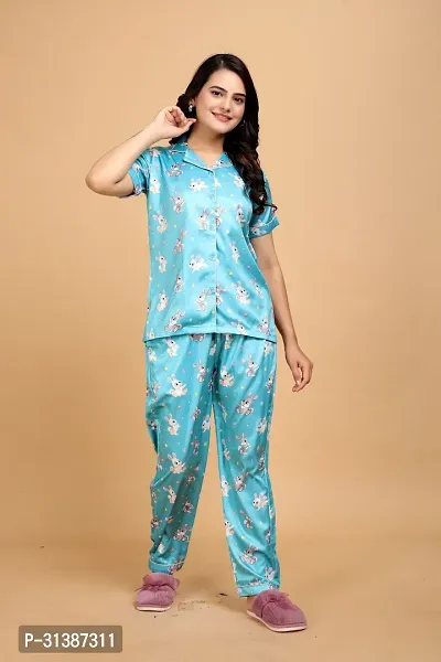 Stylish Blue Satin Printed Lounge Set For Women-thumb2