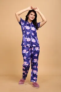 Stylish Blue Satin Printed Lounge Set For Women-thumb1