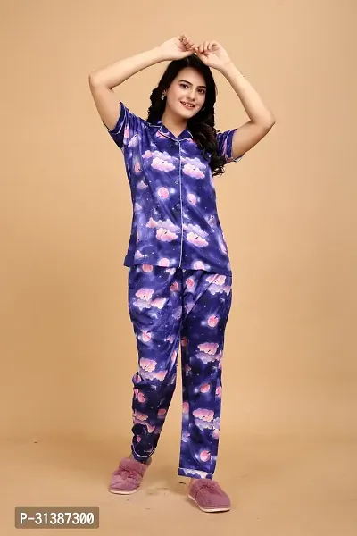 Stylish Blue Satin Printed Lounge Set For Women-thumb2