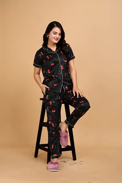 Elegant Satin cherryPrinted Night Suits For Women