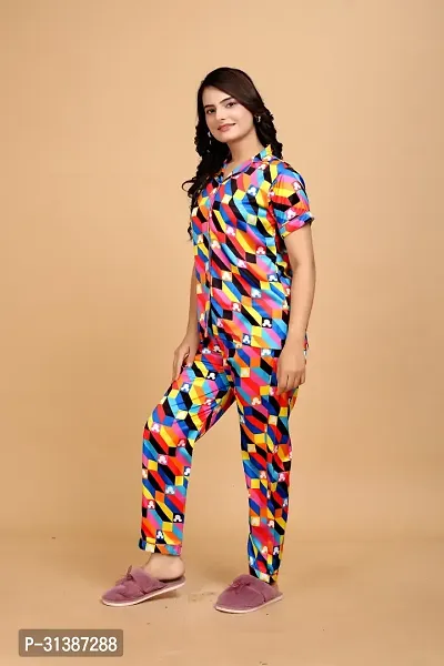 Stylish Multicoloured Satin Printed Lounge Set For Women-thumb3