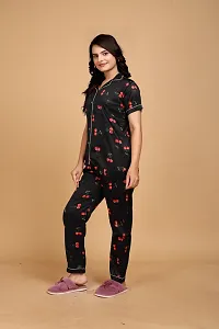 Stylish Black Satin Printed Lounge Set For Women-thumb1