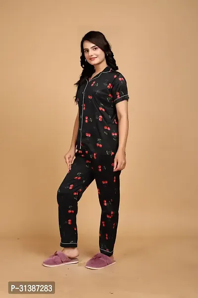 Stylish Black Satin Printed Lounge Set For Women-thumb2