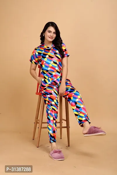 Stylish Multicoloured Satin Printed Lounge Set For Women-thumb0