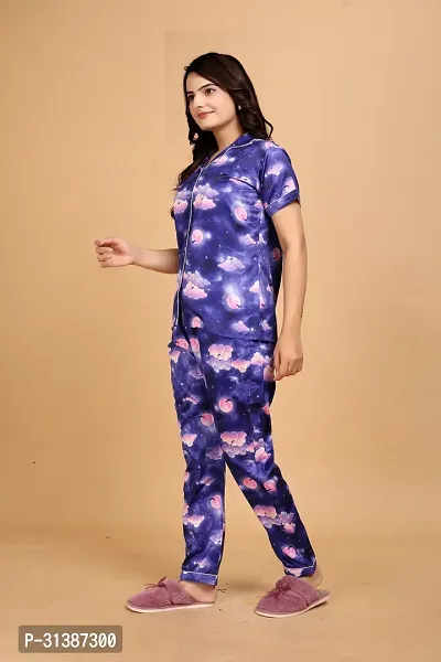 Stylish Blue Satin Printed Lounge Set For Women-thumb3