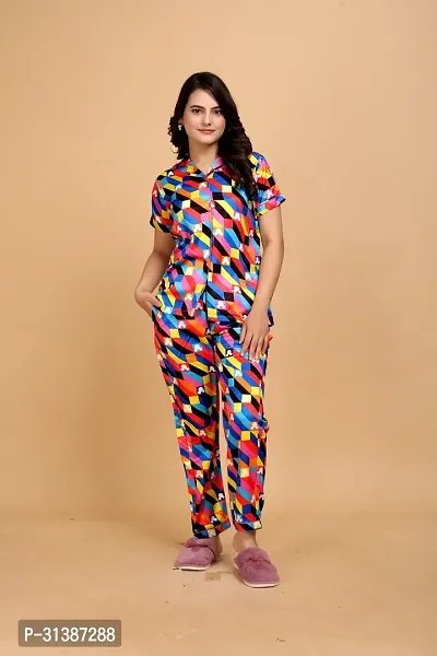 Stylish Multicoloured Satin Printed Lounge Set For Women-thumb2