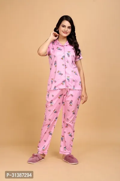 Stylish Pink Satin Printed Lounge Set For Women-thumb3