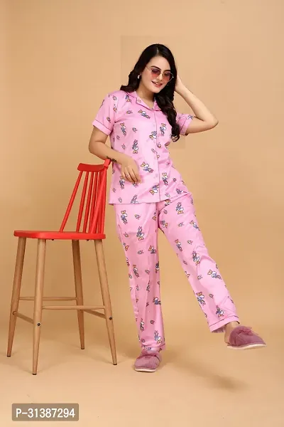 Stylish Pink Satin Printed Lounge Set For Women