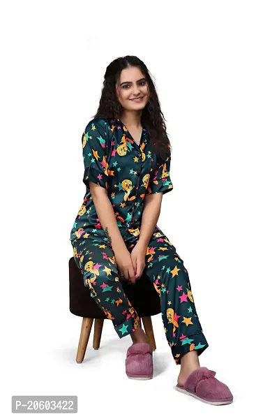 ZHALAK Dark Green night suit for women night dress  Top Pyjama set-thumb2