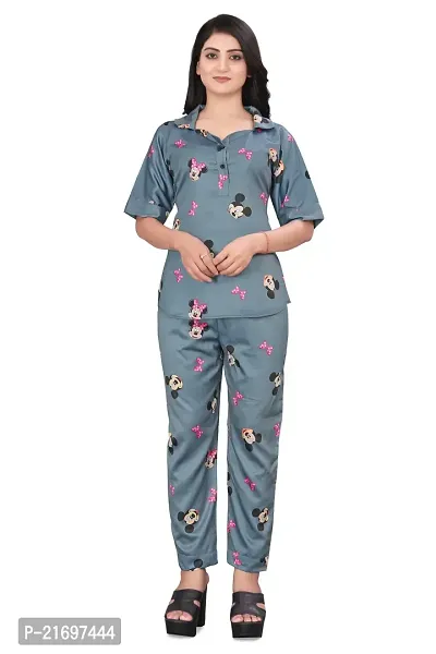 Zhalak women night suit  Top pyjama set with Grey cartoon printed-thumb0