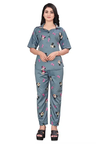 Zhalak women night suit  Top pyjama set with Grey cartoon printed