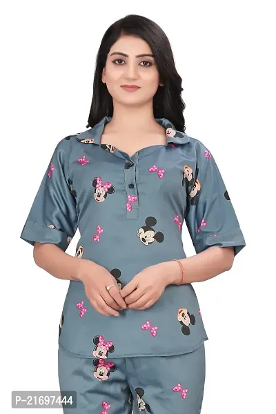 Zhalak women night suit  Top pyjama set with Grey cartoon printed-thumb4