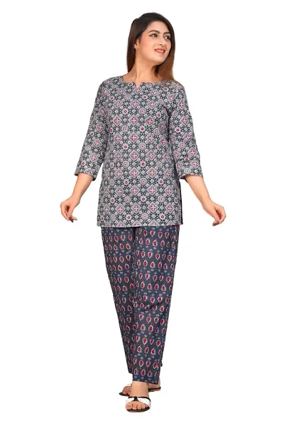 Kuruti B Sheets Cotton Ajarakh Printed 3/4 Sleeve Night Suit Set /Night Wear Pyjama Set for Women & Girls-Multi