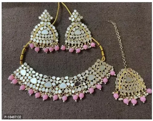 Stylish Pink Brass Pearl Jewellery Set For Women