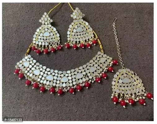 Stylish Red Brass Pearl Jewellery Set For Women