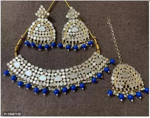 Stylish Blue Brass Pearl Jewellery Set For Women-thumb0