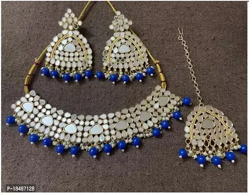 Stylish Blue Brass Pearl Jewellery Set For Women