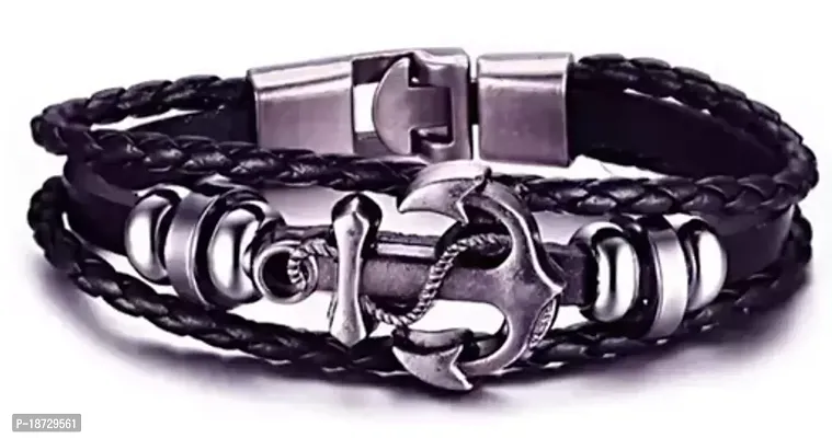 PU Leather Funky Anchor Bracelet for Mens  Boys (Black)-thumb0