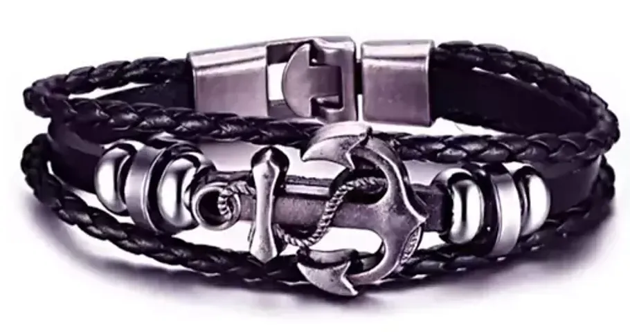 PU Leather Funky Anchor Bracelet for Mens Boys (Black)