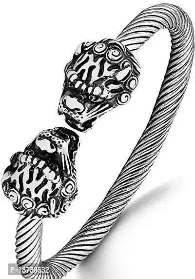 Lion Face Stainless Steel  Oxidized Silver Heavy Adjustable Bahubali Kada Kadas Cuff Bracelets for Men  Women-thumb0