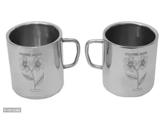 STAINLESS STEEL DOUBLE WALLED COFFEE/TEA AND HOT WATER MUG WITH LASER PRINT DESIGN.(PACK OF 2PC--150ML EACH MUG)