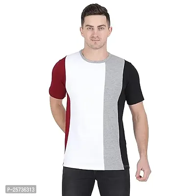 Styvibe Men Vertical Color Block Round Neck Cotton Half Sleeve T-Shirt-thumb0