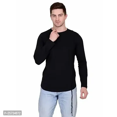 Styvibe Men Black Front Detailing Round Neck Full Sleeve T-Shirt (Size- L)-thumb0