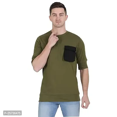 Styvibe Men Olive Green with Envalop Pocket Round Neck Cotton Half Sleeve T-Shirt