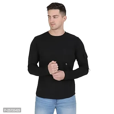 Styvibe Men Black with Patch Pocket Round Neck Cotton Full Sleeve T-Shirt-thumb0