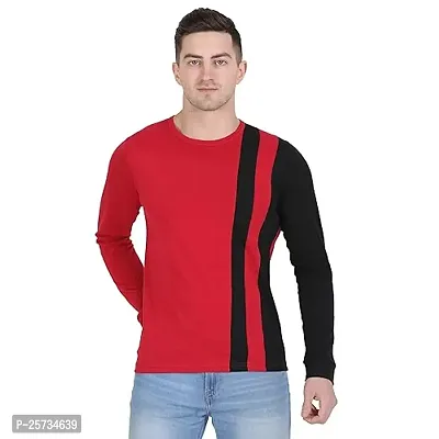 Styvibe Men Black Maroon Vertical Color Block Round Neck Cotton Full Sleeve T-Shirt