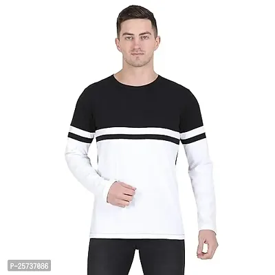 Styvibe Men Black White Cut  Sew Round Neck Cotton Full Sleeve T-Shirt
