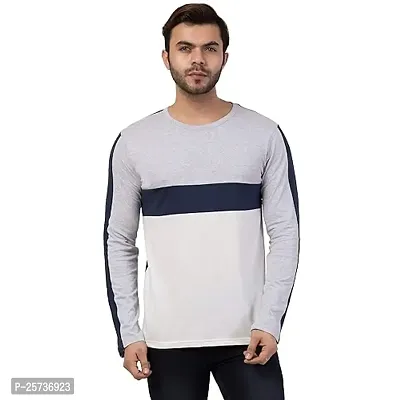 STYVIBE Men Grey Navy White Color Block with Sleeve Detailing Full Sleeve T-Shirt