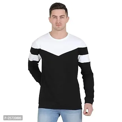 Styvibe Men Black White Color Block Round Neck Cotton Full Sleeve T-Shirt