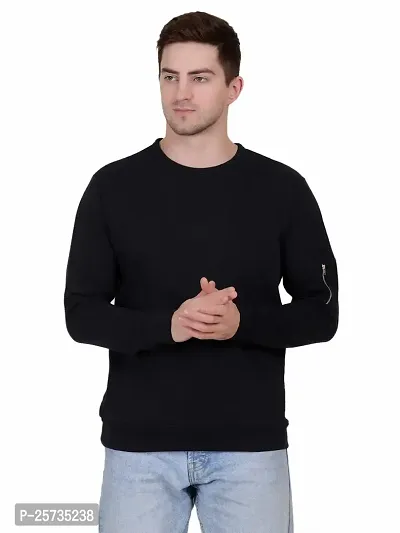 Styvibe Men Black Cut  Sew Zip Detailing Round Neck Fleece Full Sleeve Sweatshirt-thumb0
