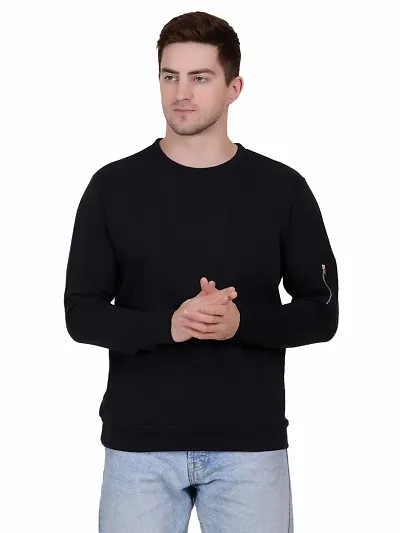 Styvibe Men Black Cut  Sew Zip Detailing Round Neck Fleece Full Sleeve Sweatshirt