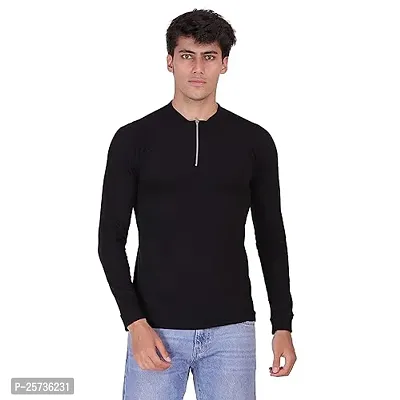 Styvibe Men's Round Neck Cotton Full Sleeve Half Zip Funnel Neck Ribbed Jumper Style T-Shirt