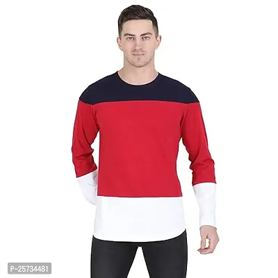Styvibe Men Navy Maroon White Color Block Round Neck Cotton Full Sleeve T-Shirt-thumb0