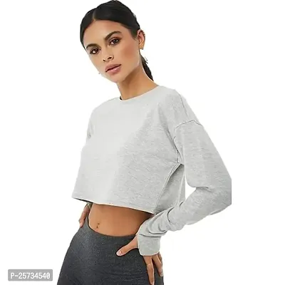 Styvibe Women Grey Round Neck Thumbhole Crop Top-thumb0