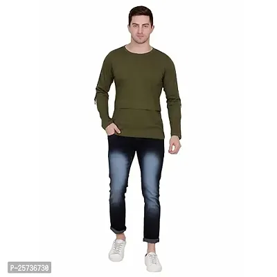 Styvibe Men Olive Green Tape Detailing Round Neck Full Sleeve T-Shirt