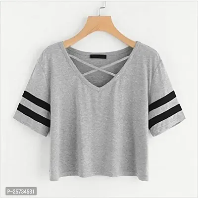 Styvibe Women Grey V- Neck with Trim Detailing Cotton Crop top