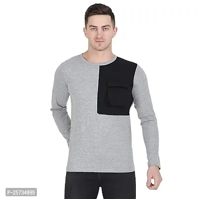 Styvibe Men Grey Black Cut Sew with Envalop Patch Pocket Round Neck Cotton Full Sleeve T-Shirt