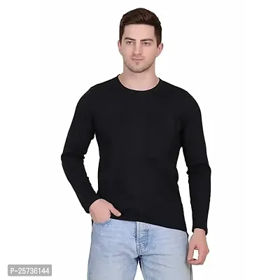 Styvibe Men Black Curved Botton with Patch Pocket Round Neck Full Sleeve T-Shirt-thumb0